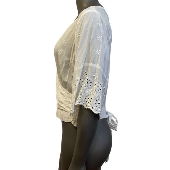 Japna Top Women XL White Eyelet Wrap Cropped Tie Back V Neck Peasant Cottagecore - Picture 3 of 9